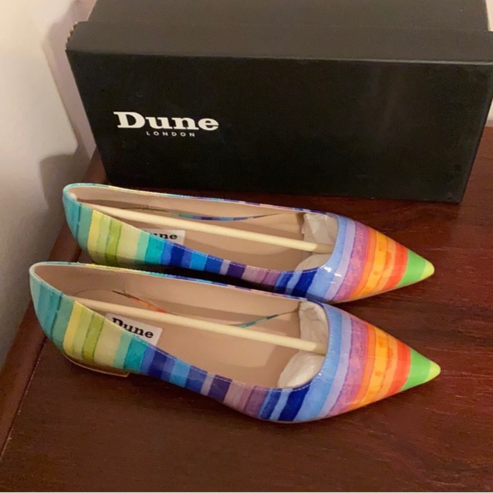 NWT RARE Dune London Birdie rainbow stripe pointed toe flats.